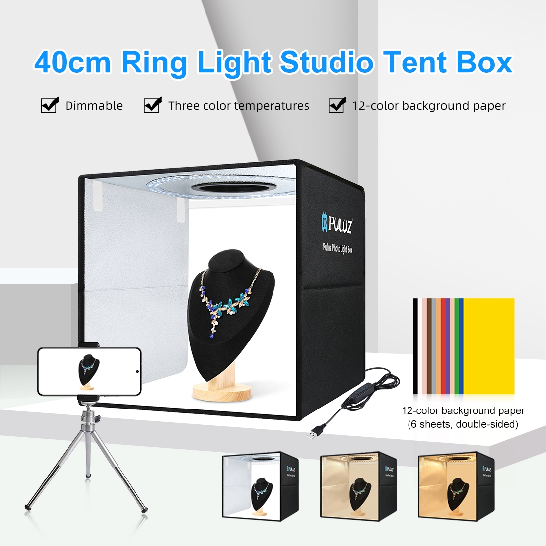 Photography Lighting Backdrop - PULUZ กล่องถ่ายภาพแบบพับได้ขนาด 40 ซม. พร้อมไฟวงแหวนแบบพกพา USB