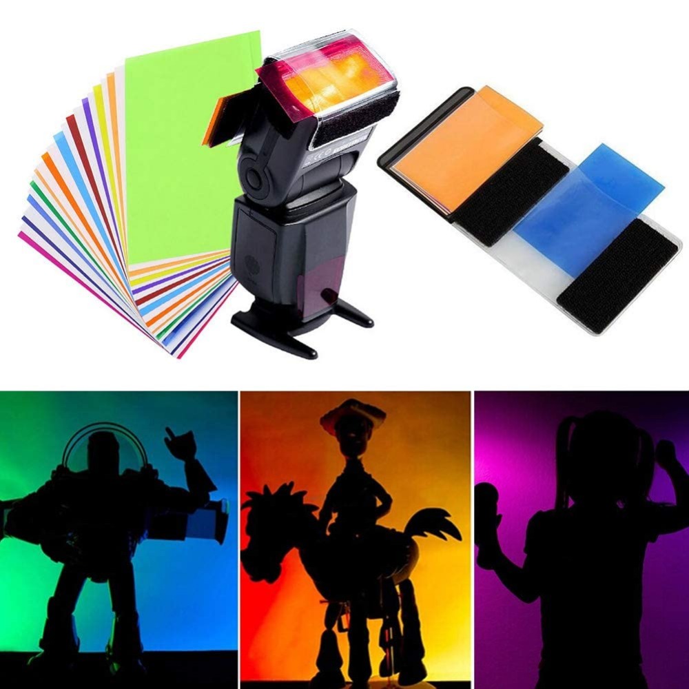 Photography Lighting With Flash - ชุดฟิลเตอร์เจลสำหรับแฟลชกล้อง 12 สี พร้อมสายรัดเวลโครอเนกประสงค์สำหรับ Speedlite ถ่ายภาพบุคคล