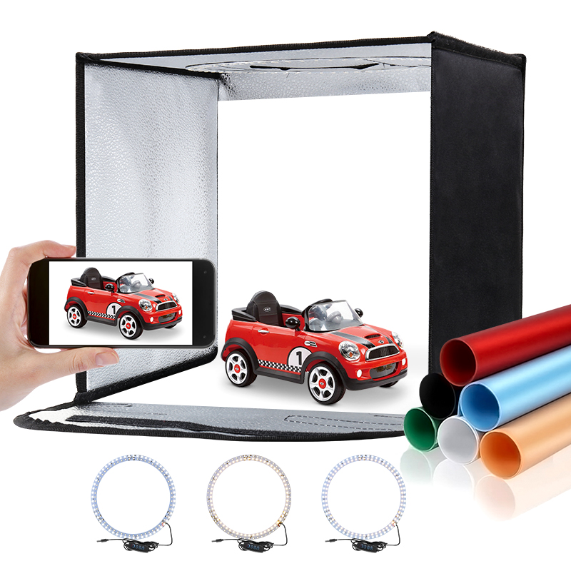 Photography Lighting Kits - 11.8x11.8 นิ้วพับสตูดิโอถ่ายภาพกล่องไฟหลายมุมยิงเต็นท์ชุดไฟ LED แหวนพกพากระเป๋าสําหรับถ่ายภาพ 6 ฉากหลัง