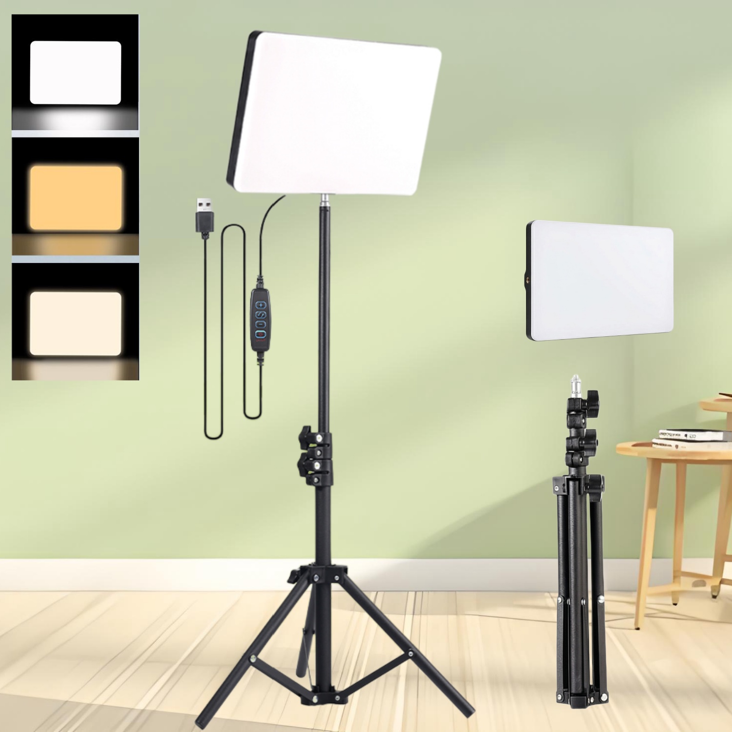 Photography Lighting Portrait - ชุดไฟวงแหวนสำหรับไลฟ์สด: ไฟแผงบางเฉียบปรับได้ 3 สี ขนาด 10